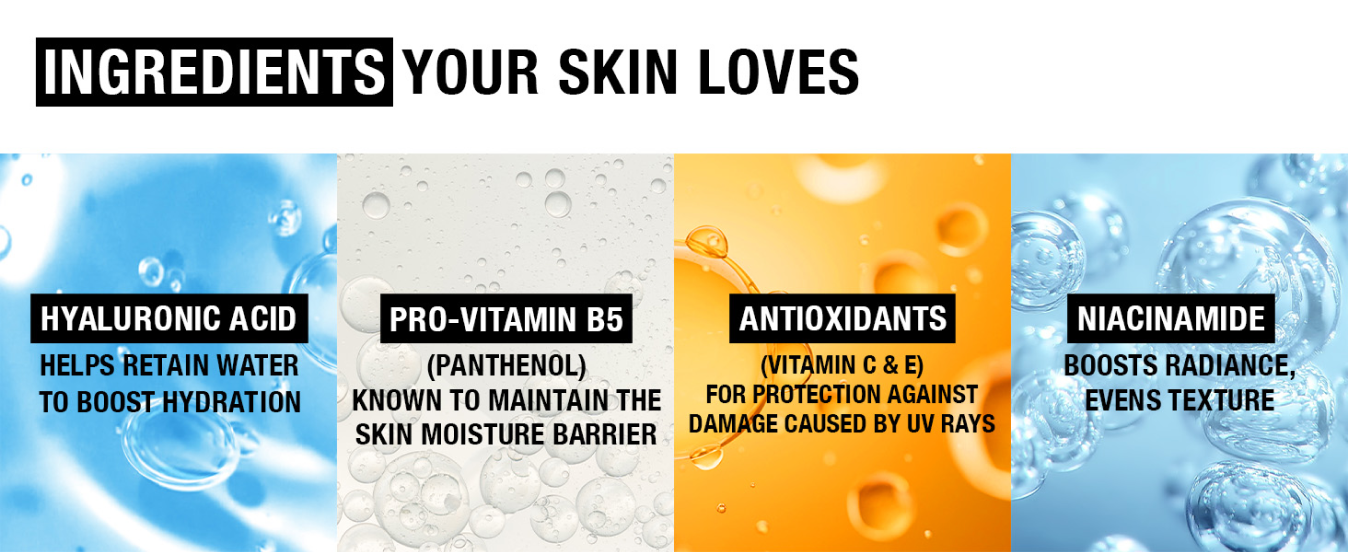 With ingredients your skin loves like hyaluronic acid, panthenol, vitamin c & e and niacinamide